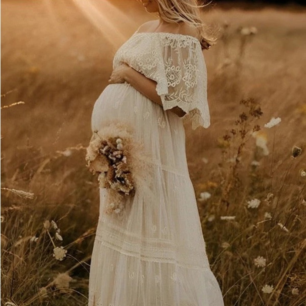 Elegant Cream Lace Maternity women boho gown wedding photoshoot Dress
